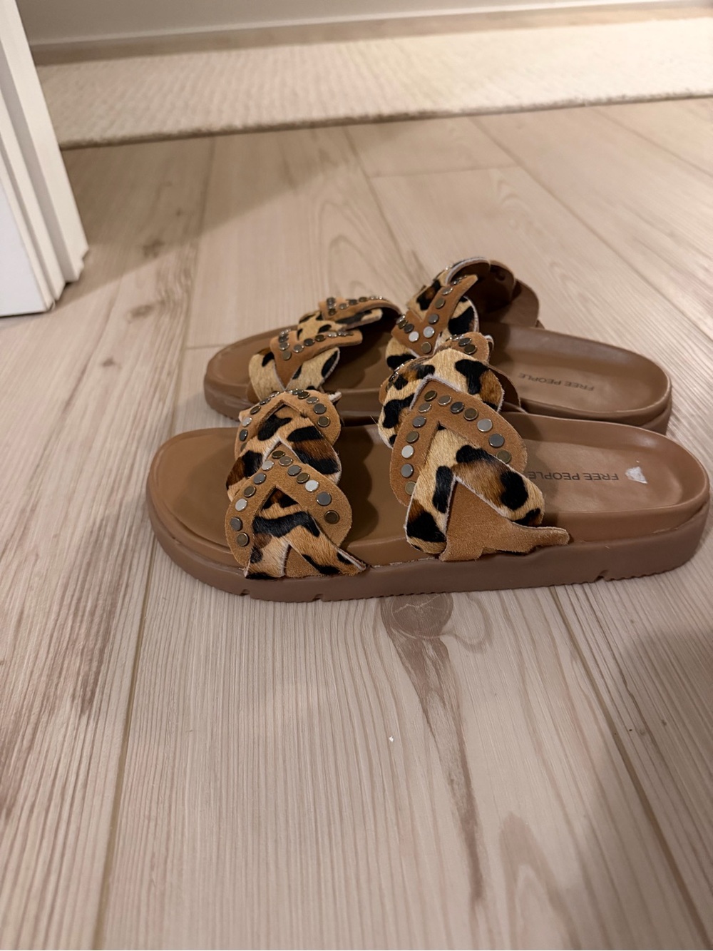 Free People Tan and Black Leopard Braided Stud Slide Sandals